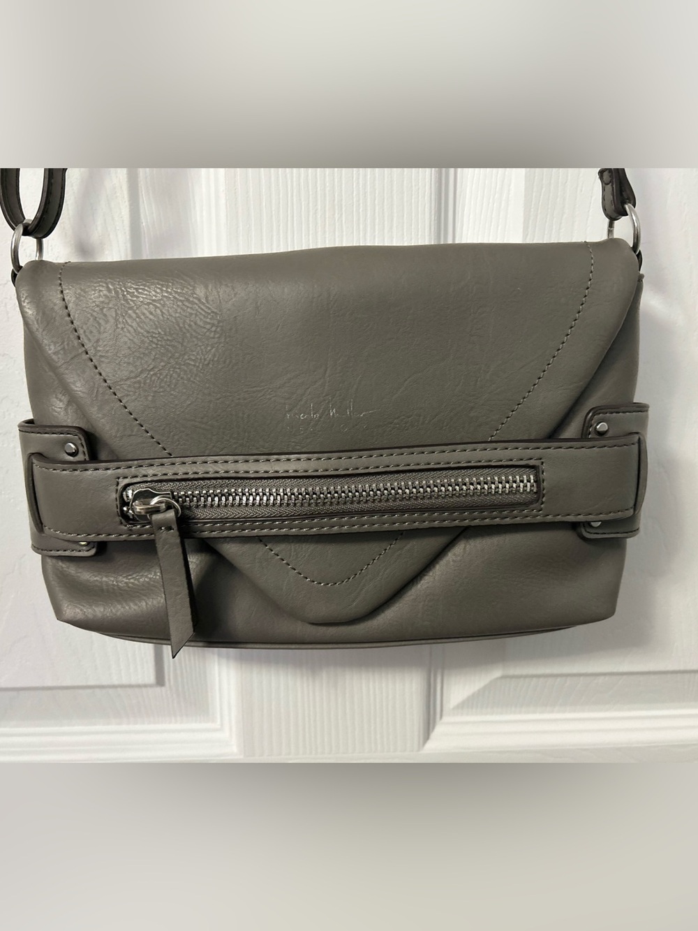 Nicole Miller Gray Leather Crossbody Clutch with Front Zip